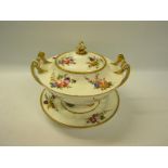 A 19c Nantgarw sauce tureen and cover and stand of circular form with spindle handles, hand