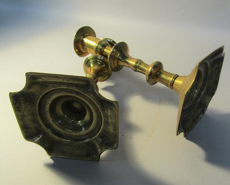 A pair of George Grove 18c petal base brass double knop three piece candlesticks, c.1765, one - Image 3 of 3