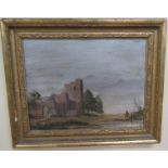 John de Bray - Ruined castle with figures in an archway and a hunter standing by a pond, signed, oil