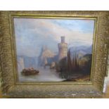 Unsigned 19c - Eurpoean riverscape with boats, castles and towers in a mountainous setting, oil on