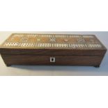 A 19c rosewood cribbage box, fitted two card boxes and containing the cards and a central scoring
