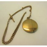 A 9ct gold watch chain with bar and circular vesta case, the chain 41cm l, vesta case 4.5cm diam,