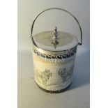 A Doulton Lambeth Hannah Barlow biscuit barrel decorated and incised with cats, silver plated