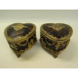 A pair of Edwardian silver gilt and tortoiseshell heart shaped boxes by George Fox, London 1907,