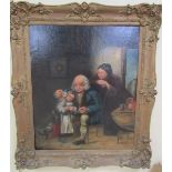 Unsigned 19c - Gentleman seated in a kitchen setting with a young child overlooked by a lady, oil on