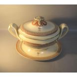 A late 18c Wedgwood creamware two handed tureen, cover and stand with orange and sepia lozenged