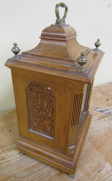 A late 19c German bracket clock by Lenzkirch in burr maple bell top case. The 12.5cm arched dial - Image 2 of 3