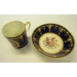 A 19c Serves style soft paste tea cup and saucer decorated on a bleau nouveau ground, cup hand