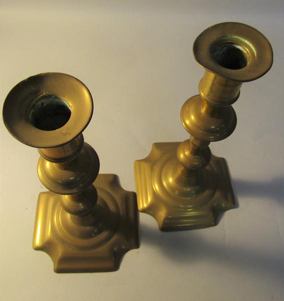 A pair of George Grove 18c petal base brass double knop three piece candlesticks, c.1765, one - Image 2 of 3