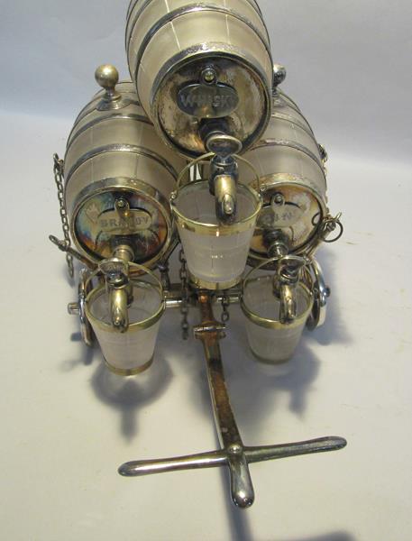 A Victorian silver plated triple barrel spirit wagon with three etched glass barrels with taps, - Image 3 of 6