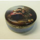 A German early 20c silver and enamel circular box with hinge cover, the cover painted with the scene