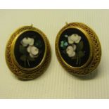 A pair of gold mounted oval pietra dura set earrings.