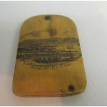 A Mauchline ware aide memoire with three folding leaves within covers, the front with black and