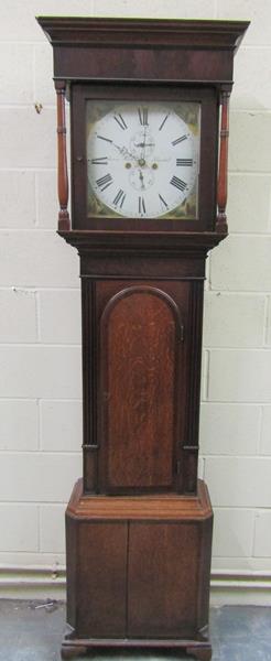 An early 19c eight day longcase clock, the 33cm square painted dial signed James Scott, Kendal and