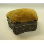 An Edwardian ring box with hinged pin cushion cover, having original silk and velvet fitted interior