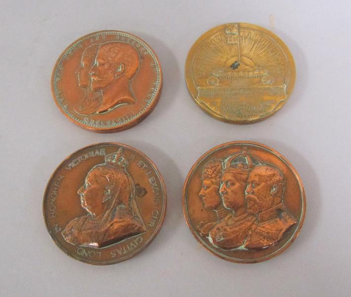 A collection of four late 19c/early 20c copper and bronze medallions, HRH the Duke and Duchess of