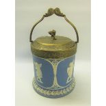 A 19c Dudson biscuit barrel with metal mounts, handle and cover, decorated on blue ground in