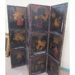 An 18c three fold leather screen, panted with scenes of the period, 180cm w, 178cm h open.