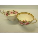 Two 19c Nantgarw porcelain tea cups, hand painted with roses, unmarked, 7.5cm & 5cm h, one cup