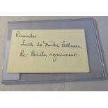 A President John F Kennedy's hand written note on card, originally in the Rob L White Collection.