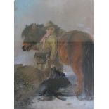 Robert Smythe - The turkey hunter, signed, watercolour and pastille, framed and glazed, 49cm x 36cm.