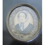 Framed oval memoriam miniature portrait of a lady, oval framed within a plaited hair border of