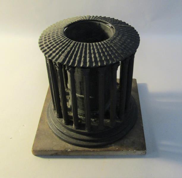 A Victorian cast iron temple censer of circular form with capital columns on a marble base, 13cm