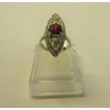 A Edwardian 18ct gold ruby diamond marquis set ring, size K/L.
