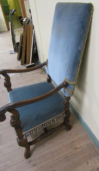 An early 18c style walnut framed and upholstered open armchair, the down swept scrolling arms with - Image 3 of 5