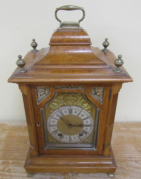 A late 19c German bracket clock by Lenzkirch in burr maple bell top case. The 12.5cm arched dial