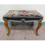 A Mid Victorian carved wood stool with upholstered seat and cabriole legs, 60cm w.