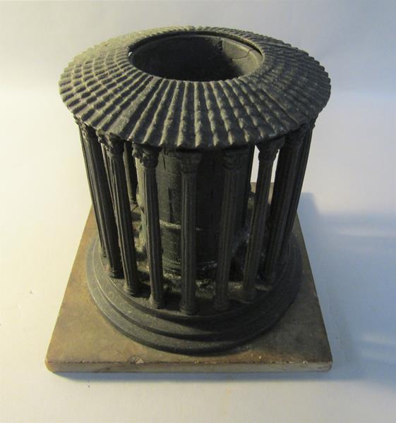 A Victorian cast iron temple censer of circular form with capital columns on a marble base, 13cm - Image 2 of 4