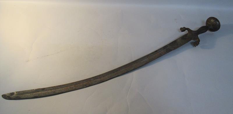 A 19c Afghan sword Pulorar with a curved fullered single edge blade, 71cm, steel hilt with down
