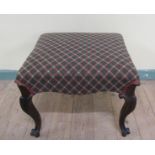 A 19c rosewood upholstered stool with cabriole carved legs and upholstered seat.