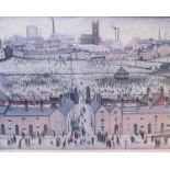 LS Lowry - Industrial town with many people in recreation parks and street, signed in pencil with