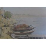 Christopher Mairs - Moorings, Varanasi, signed, tempura on paper, framed and glazed, 25cm x 35cm.