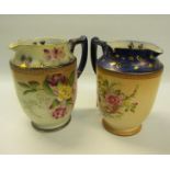 Two early 20c Carltonware water jugs with pewter lids, decorated on a blue and blush ground with