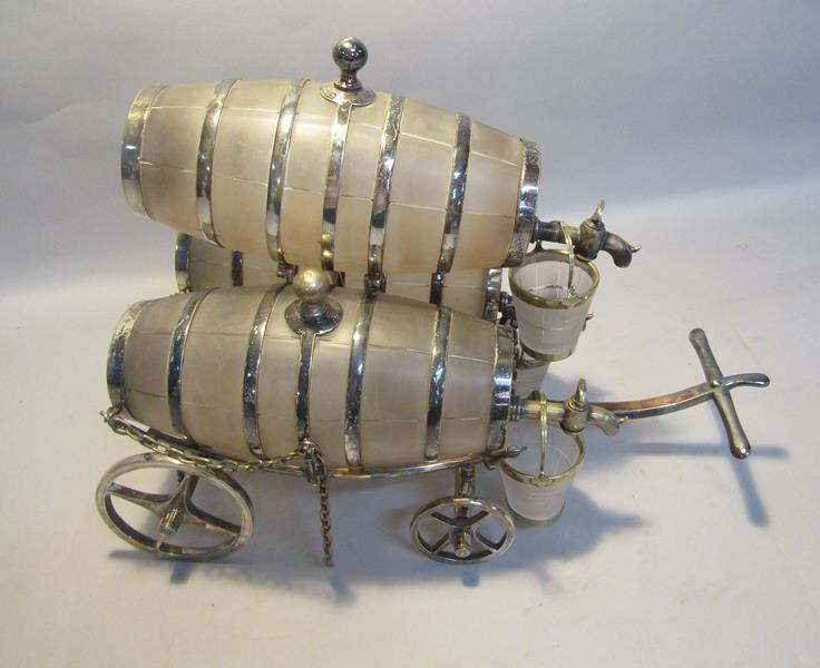 A Victorian silver plated triple barrel spirit wagon with three etched glass barrels with taps, - Image 2 of 6