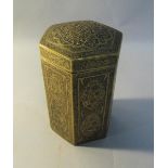 A 19c Indian brass box and cover of hexagonal form, chased with foliate panels, 13cm h.