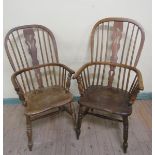 A matched set of six 19c ash and elm hooped spindle back armchairs with pierced vase splats,