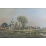 Henry Franks Waring 1900/1928 - Church and cottages in a riverside setting, signed, watercolour,