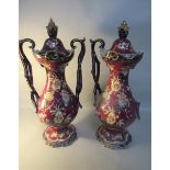 A pair of large 19c English ironstone pot pourri vases with entwined cobalt blue and gilded