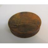 An early 19c pressed Maple snuff box, the lift off lid with a scene of the fall of Napoleons guard