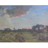 David Alison - a harvest field at dusk, oil on board. Signed, framed, 29cms x 30cms.