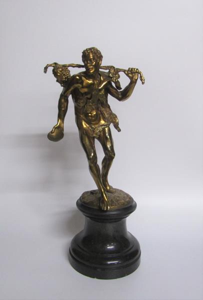 A 19c gilt bronze figure of a fawn travelling with an animal skin leotard, a stick over shoulder - Image 2 of 5