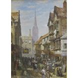 Louise Rayner - a mid 19c English street market outside the Sun Inn with cathedral spire in the