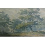 George Barret 1728/1784 (signed on verso) riders on a woodland path, watercolour. Framed and