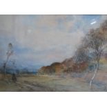 J Waugh 92 - Horseman on a pathway in an Autumn landscape setting, watercolour, signed and dated.