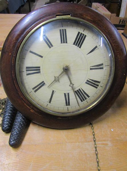 Late 19c German Black Forest wall clock with circular 'postmans alarm' type dial with convex glass