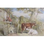 Unsigned 19c - two cattle under a tree next to a cottage with a lady outside, watercolour. Framed